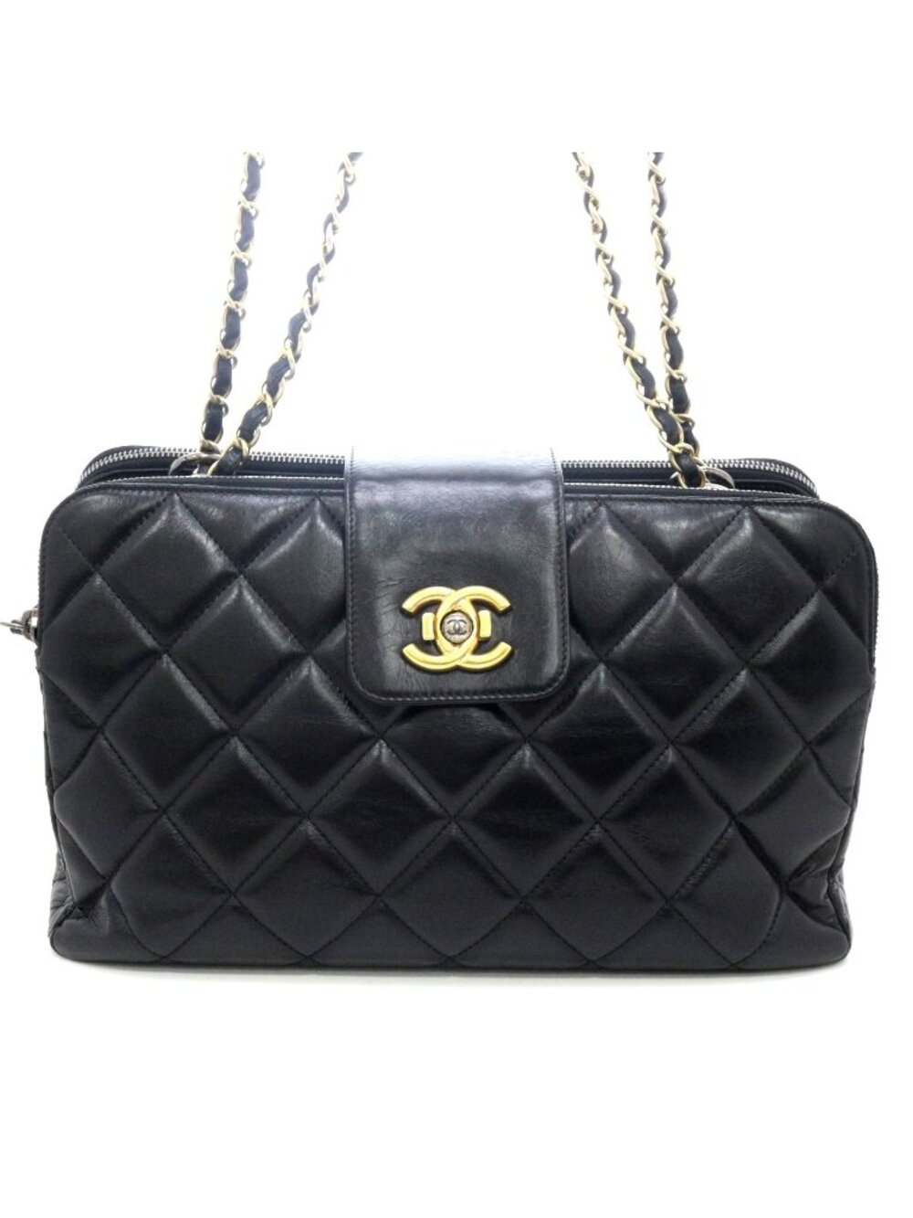 Chanel Quilted Chain Shoulder Bowling Bag Aged Calfskin Black Silver